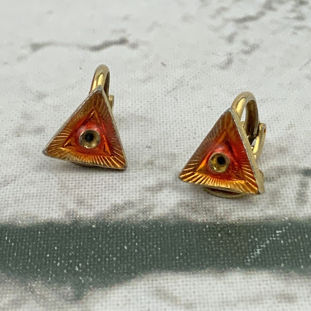 Gold Toned Triangle Shaped Earrings Red Clip Ons Fashion Jewelry Stud
